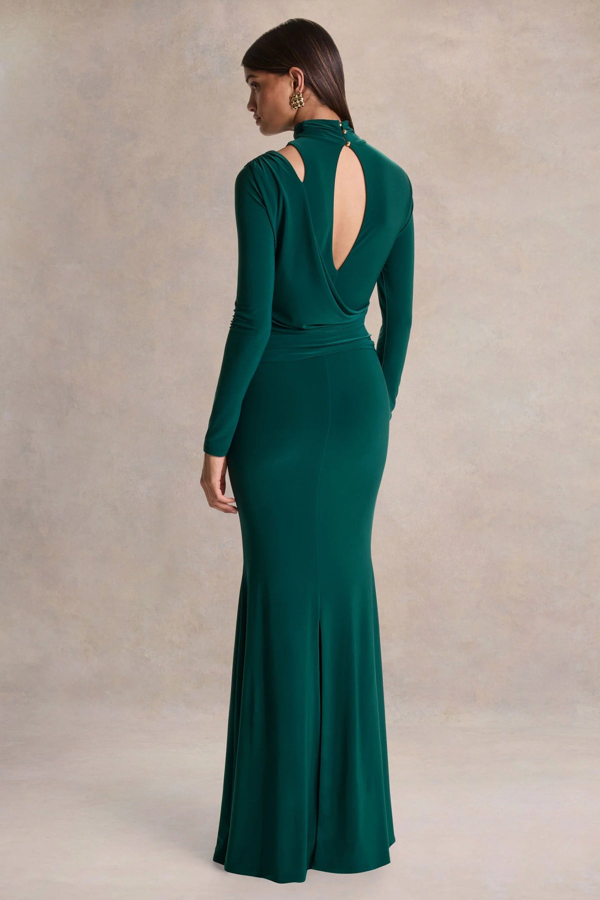 Alastrina Dark Green High Neck Maxi Dress With Gathered Detailing