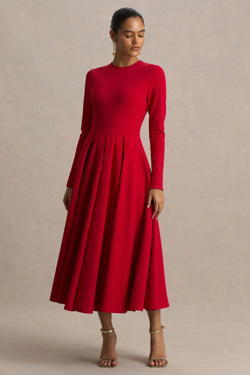 Bellamy Red Crew Neck Long Sleeve Midi Dress