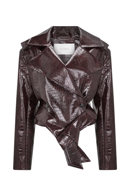 Archie Croc Faux Leather Cropped Jacket Burgundy