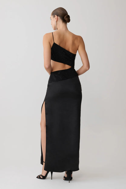 Athena One Shoulder Diamante Maxi Dress Black