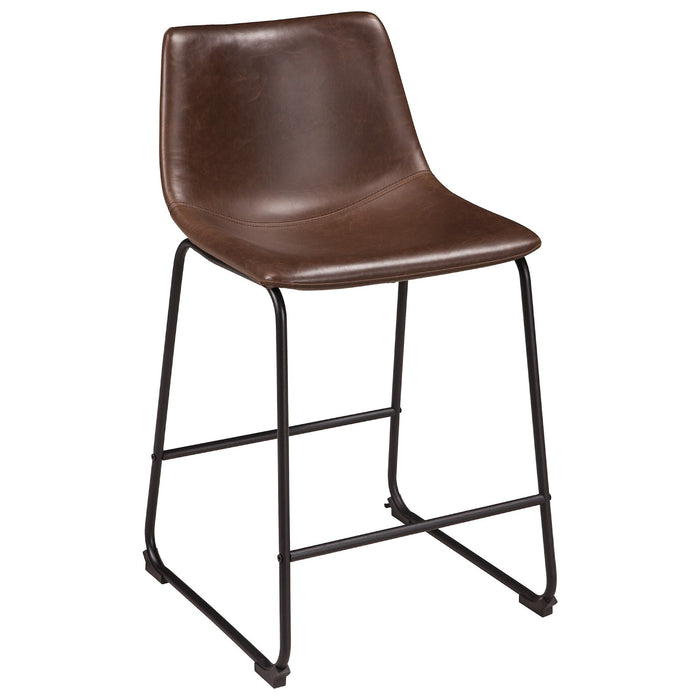 Main product shot, full front view of the brown faux leather counter height stool, showcasing its contoured design and black metal base.