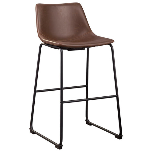 Angled view highlighting the stool's profile, rich faux leather texture, and integrated footrest.