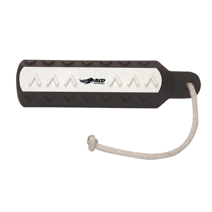 Black and white 2-inch HexaBumper dog training dummy with VGrip texture and an attached floating throw rope.