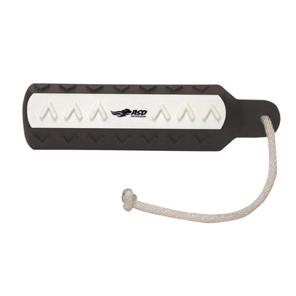 Black and white 2-inch HexaBumper dog training dummy with VGrip texture and an attached floating throw rope.