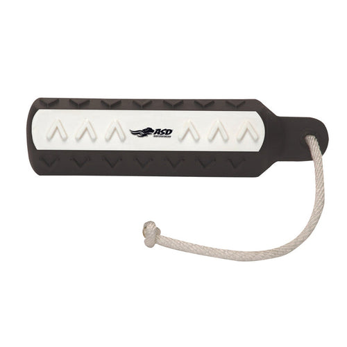 Black and white 2-inch HexaBumper dog training dummy with VGrip texture and an attached floating throw rope.