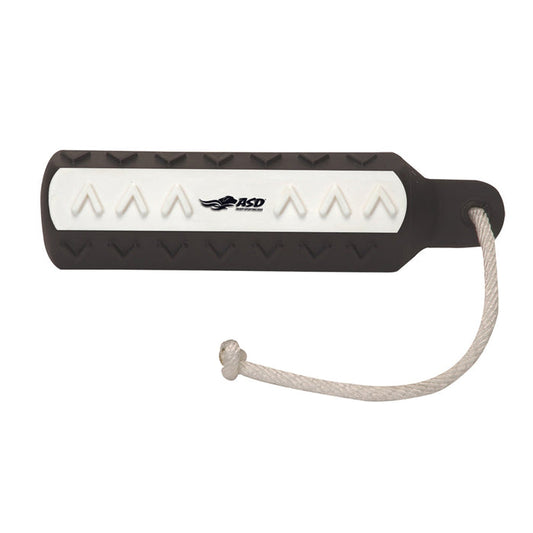 Black and white 2-inch HexaBumper dog training dummy with VGrip texture and an attached floating throw rope.