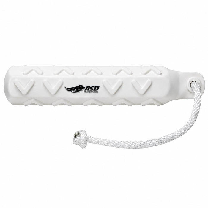 White 2-inch Avery HexaBumper dog training dummy with a textured VGrip surface and an attached floating throw rope.
