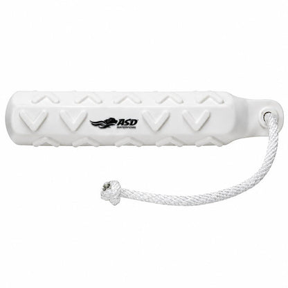 White 2-inch Avery HexaBumper dog training dummy with a textured VGrip surface and an attached floating throw rope.