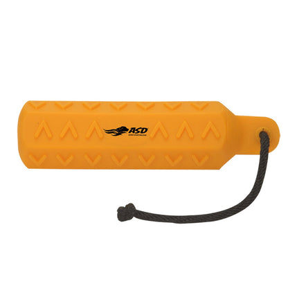 Orange 2-inch Avery HexaBumper dog training dummy with a textured VGrip surface and black floating throw rope.