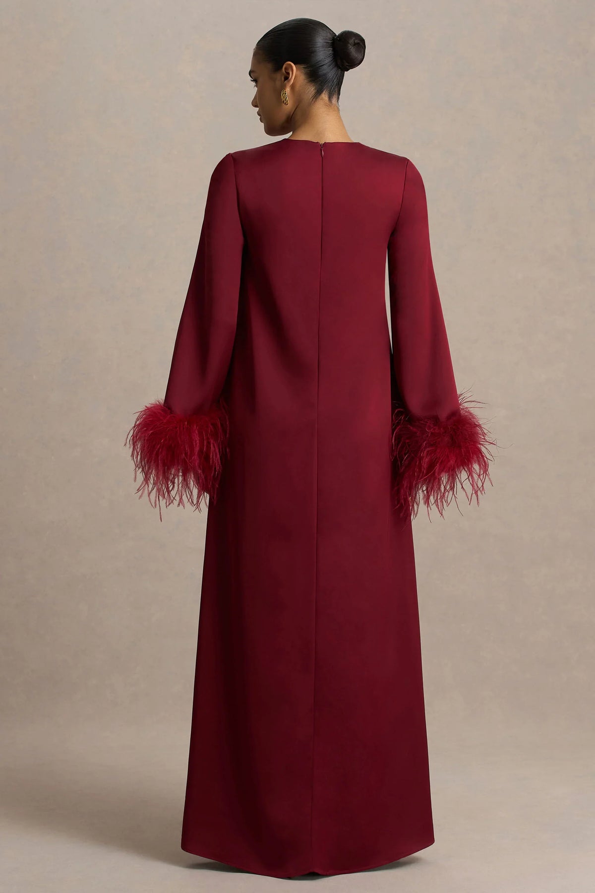 Adella Burgundy Satin Feather Trim Maxi Dress