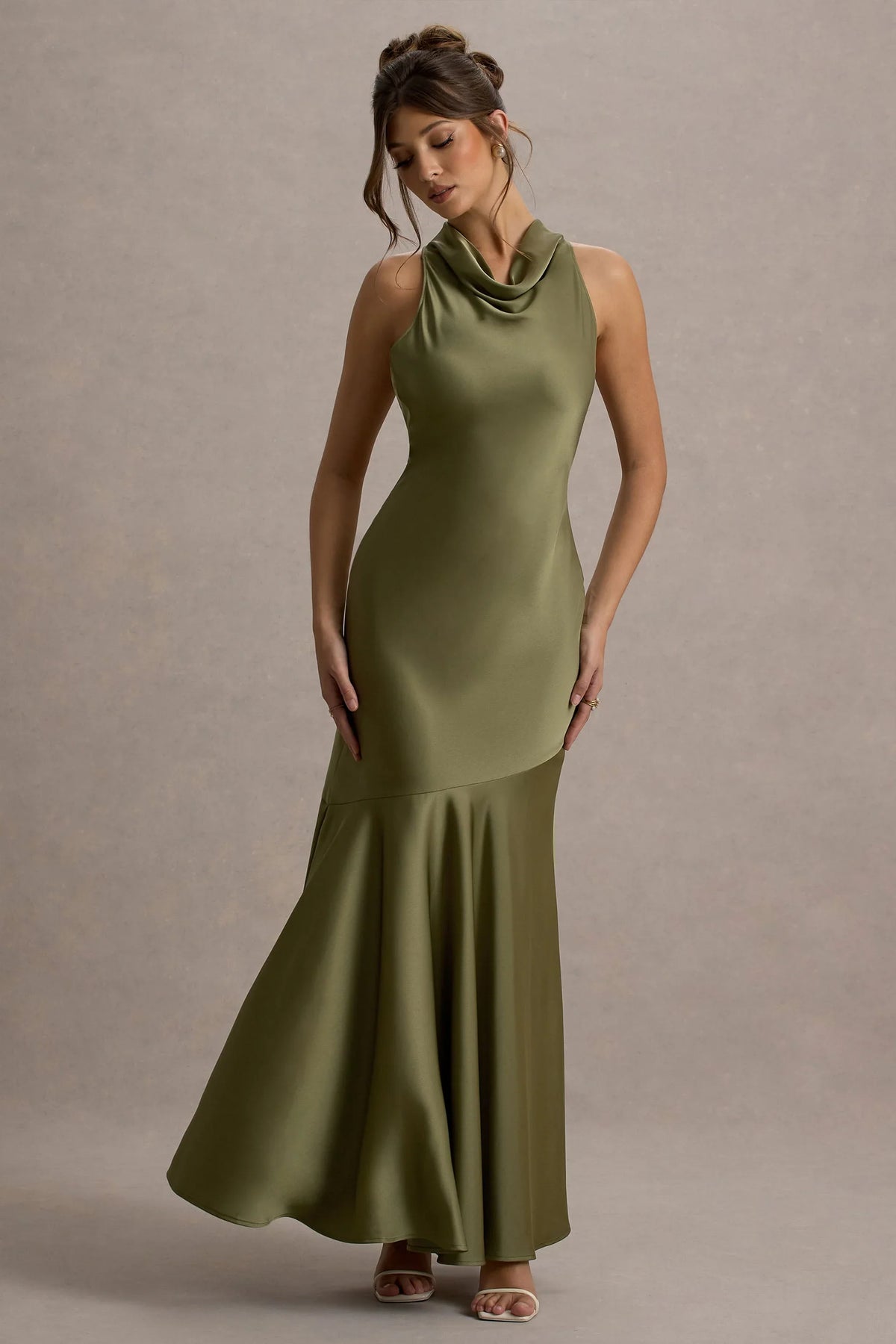 Amelita Khaki Satin Cowl Neck Maxi Dress