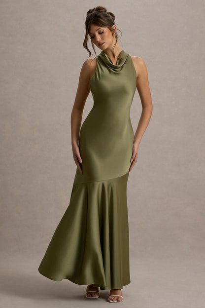 Amelita Khaki Satin Cowl Neck Maxi Dress