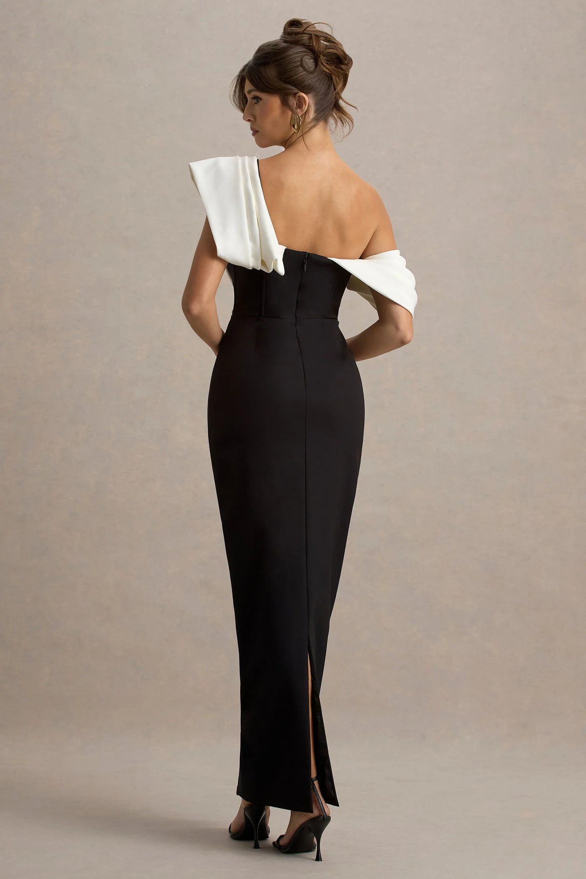 Angelina Black White Draped Shoulder Maxi Dress