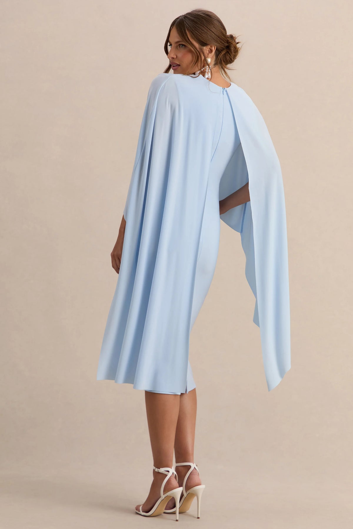 Arwen Powder Blue Round Neck Maternity Midi Dress With Cape Detail