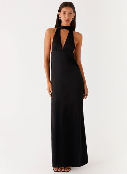 Alicia Satin Halter Maxi Dress Black