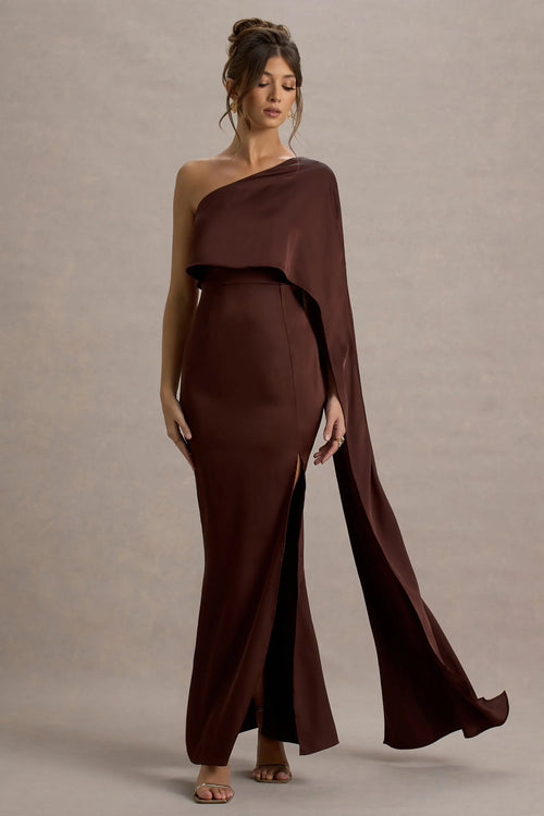 Amora Brown Satin Asymmetric Cape Sleeve Split Maxi Dress