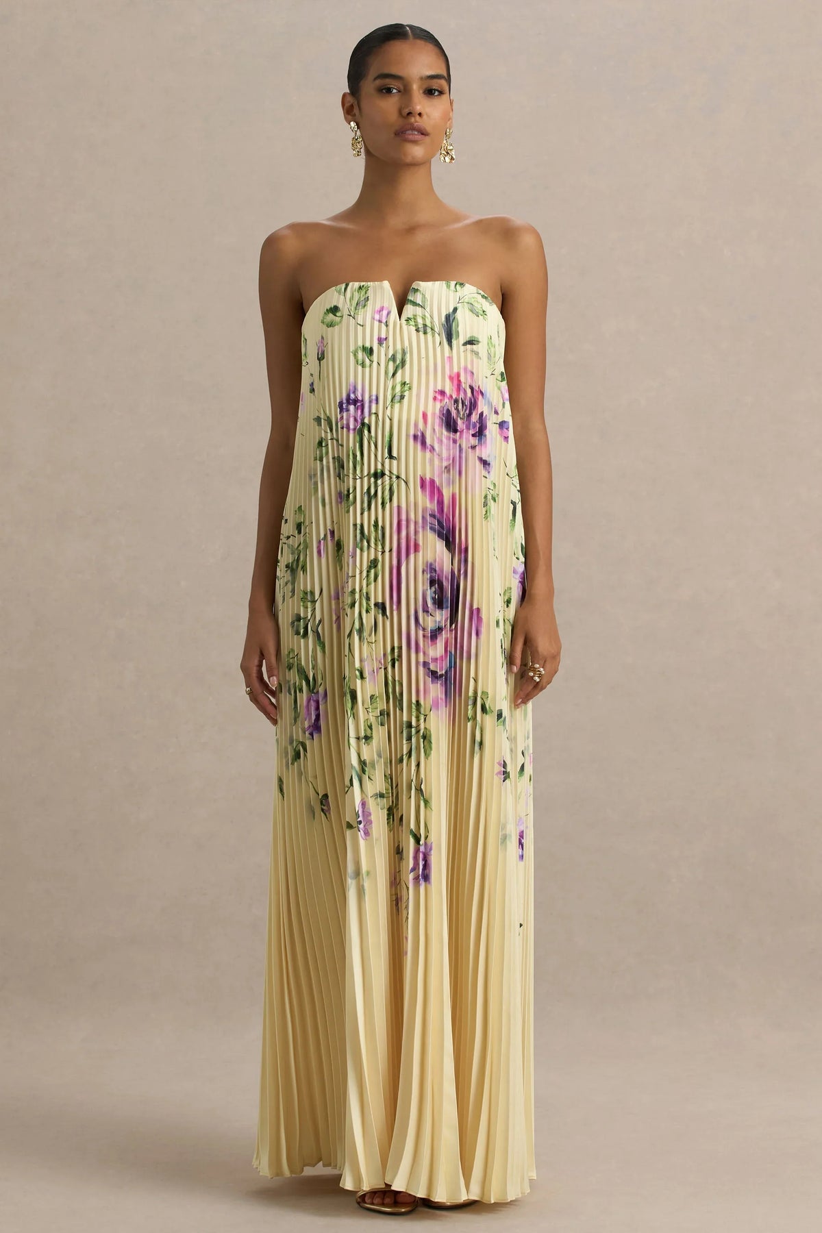 Bergamot Lemon Rose Print Satin Sweetheart Maxi Dress