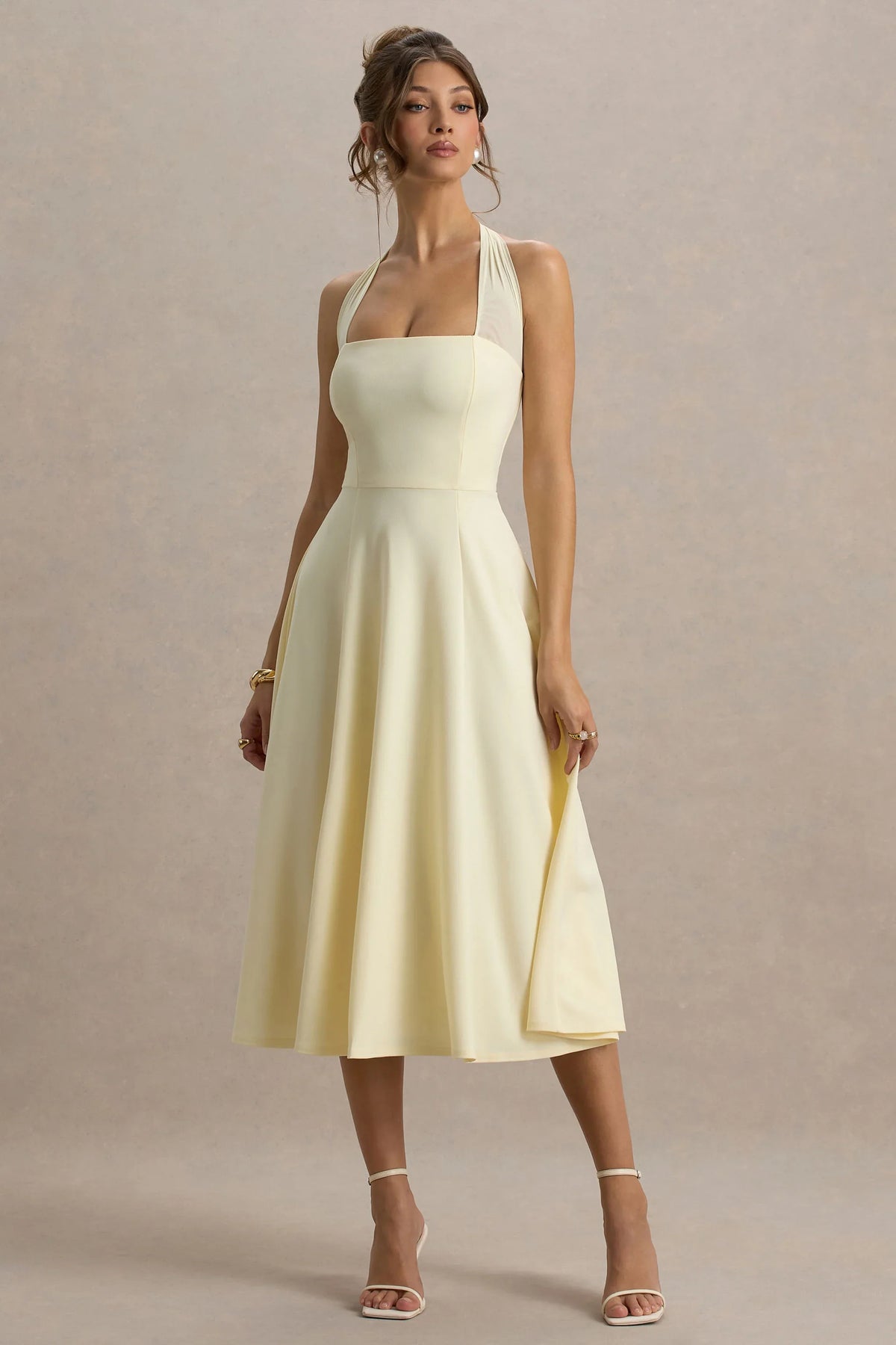 Auburn Pale Lemon Halter Neck Midi Dress