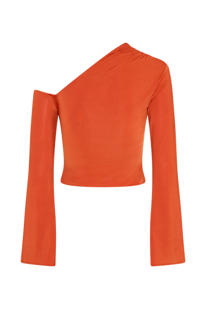 Ainsley Asymmetrical Long Sleeve Top With Floral Hardware Burnt Orange
