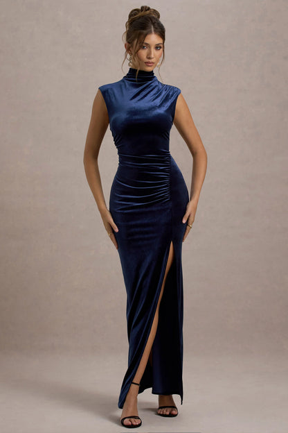 Abilene Navy Velvet High Neck Split Maxi Dress