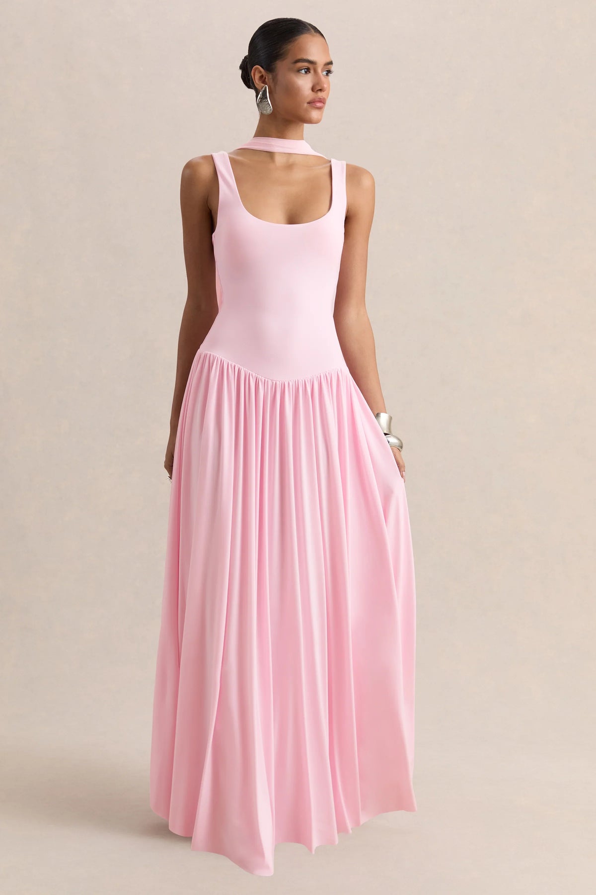 Aurina Pink Square Neck Maxi Dress With Scarf Detail
