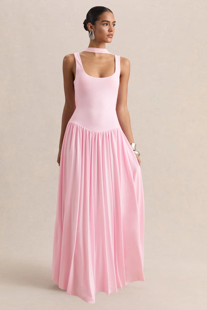 Aurina Pink Square Neck Maxi Dress With Scarf Detail