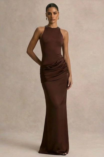 Akari Brown Crew Neck Maxi Dress With Satin Skirt