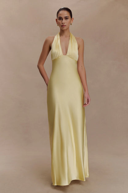 Alice Satin Halter Maxi Dress Lemon
