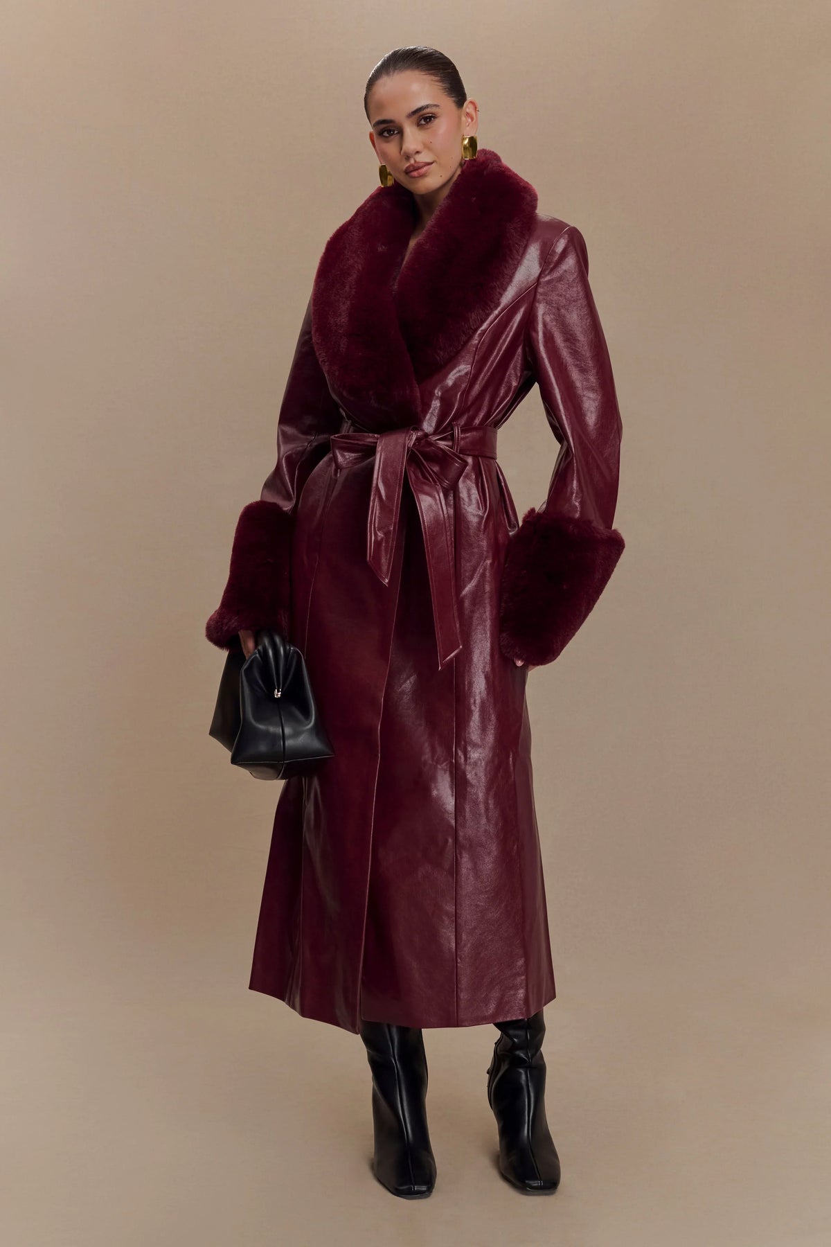 Bec Faux Leather Trench Coat With Faux Fur Cherry Red