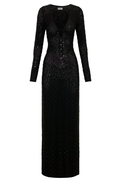 Acadia Diamante Long Sleeve Maxi Dress Black