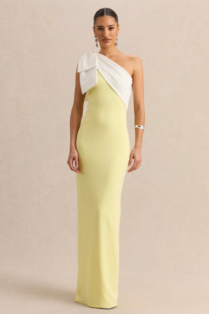 Adara Lemon White Asymmetric Neck Maxi Dress With Bow Detail