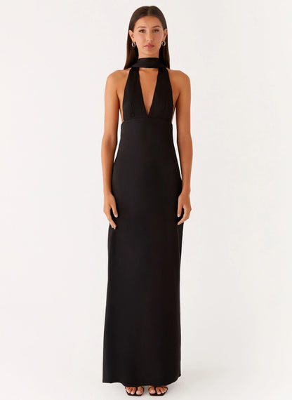 Alicia Satin Halter Maxi Dress Black