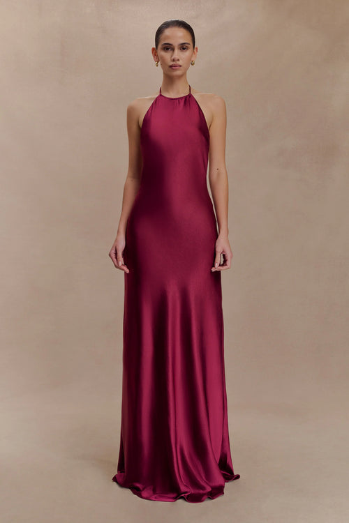 Bella Satin Halter Maxi Dress Mahogany