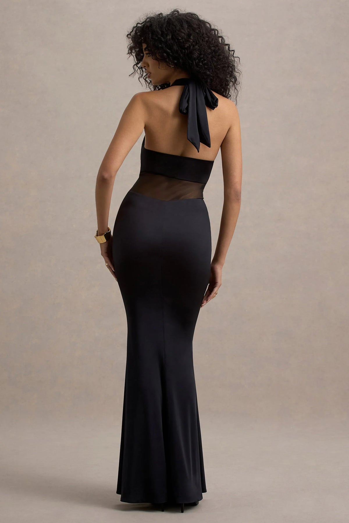 Amazonie Black Plunge Neck Twisted Maxi Dress With Mesh Panels