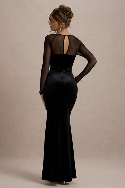 Ashby Black Velvet Embellished Square Neck Split Maxi Dress