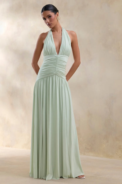 Bettina Sage Plunge Neck Maxi Dress With Gathered Detailing
