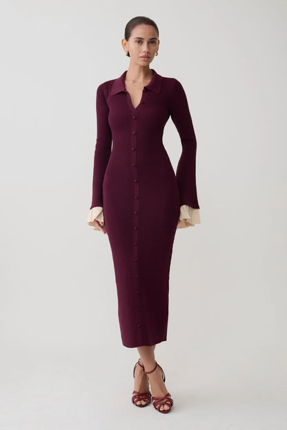 Amirose Ruffle Knit Midi Dress Plum