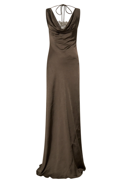 Ashley Cowl Neck Lace And Satin Maxi Dress Mocha