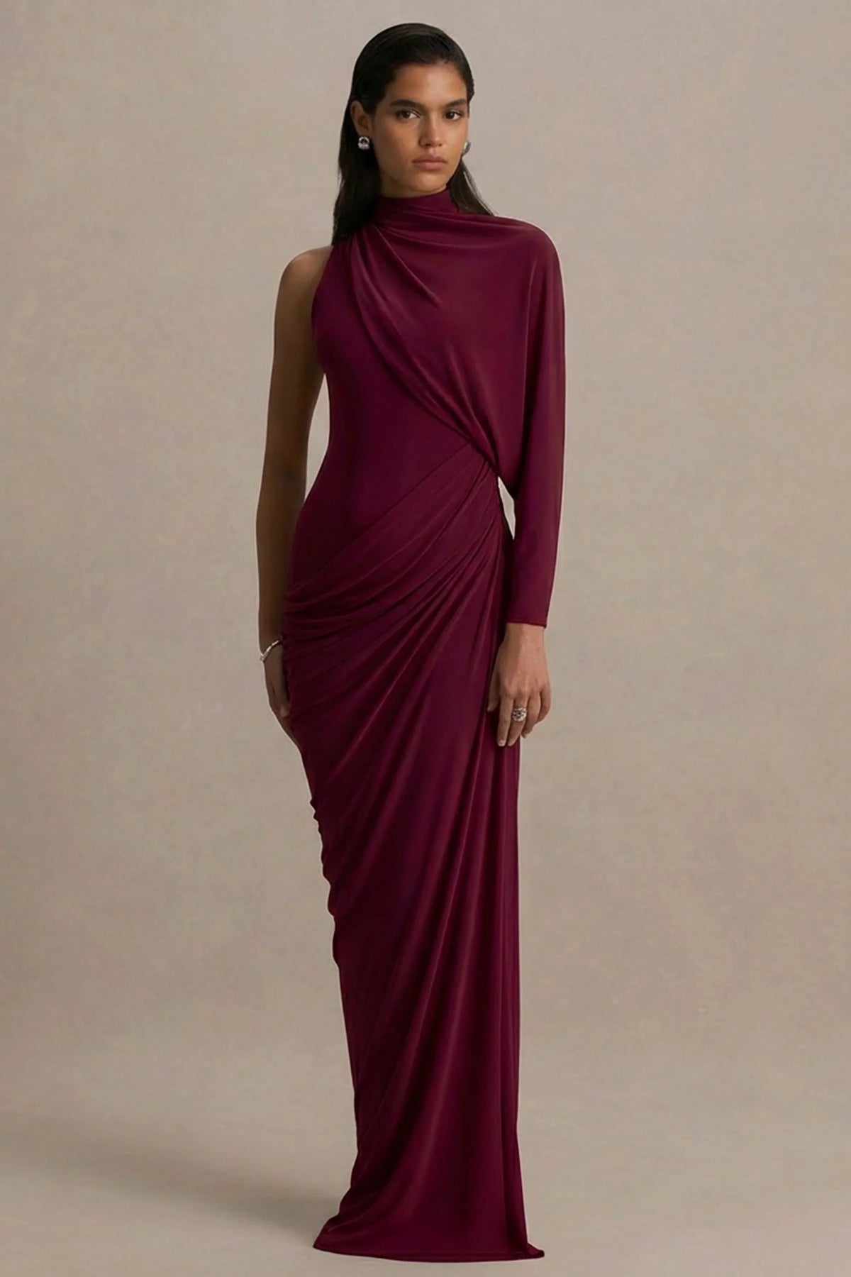 Aphra Burgundy High Neck Maxi Dress With Cape Sleeve