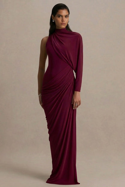 Aphra Burgundy High Neck Maxi Dress With Cape Sleeve