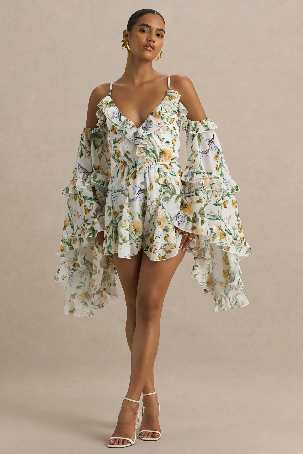 Anaya Lemon Floral Print Chiffon Playsuit With Long Sleeves
