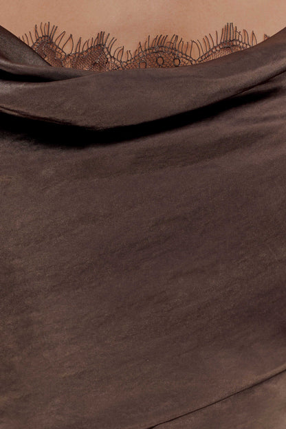 Ashley Cowl Neck Lace And Satin Maxi Dress Mocha