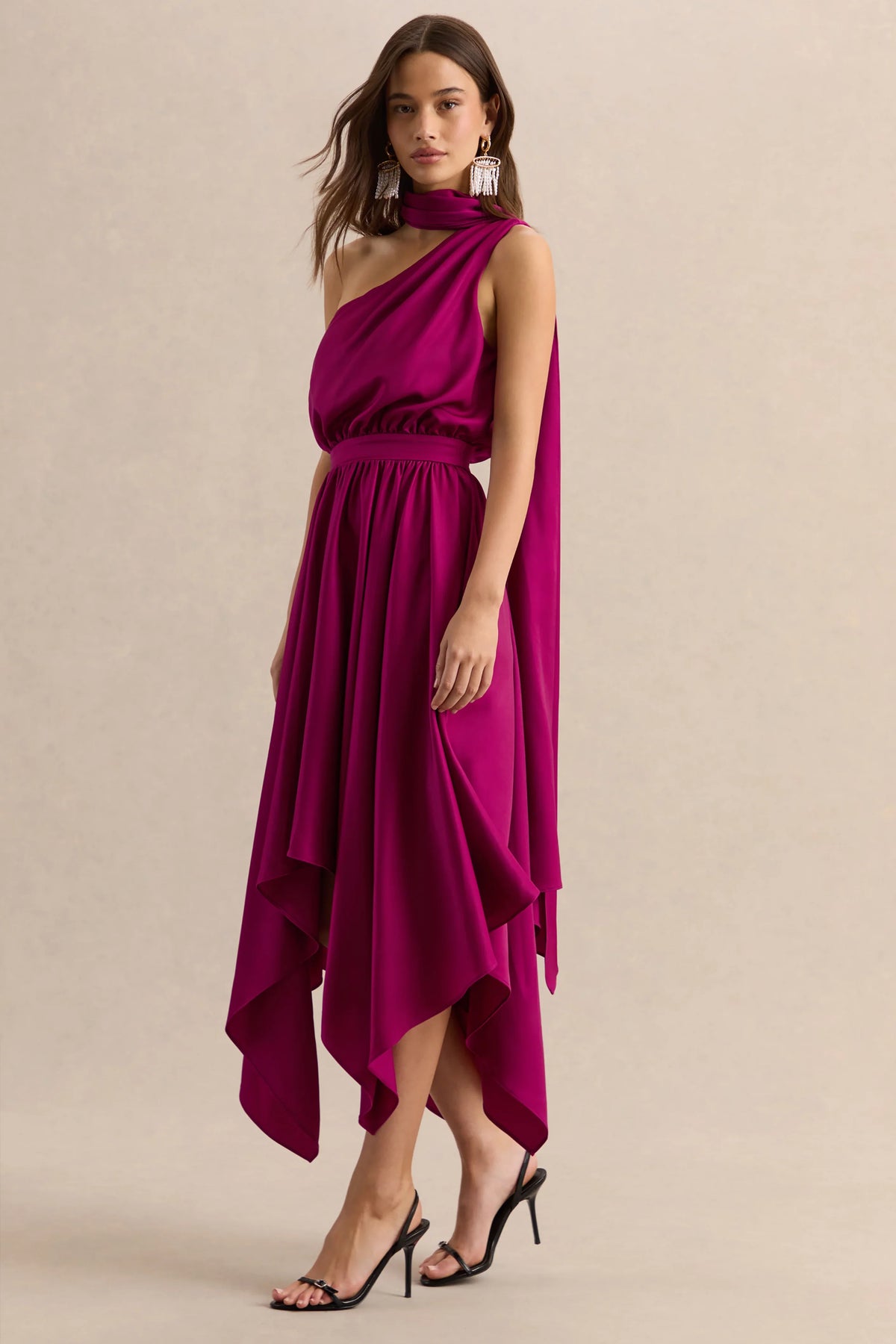 Caluna Hot Pink Satin Asymmetric Neck Midi Dress With Scarf Detail