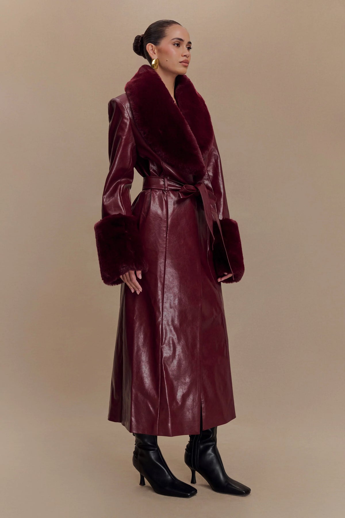 Bec Faux Leather Trench Coat With Faux Fur Cherry Red