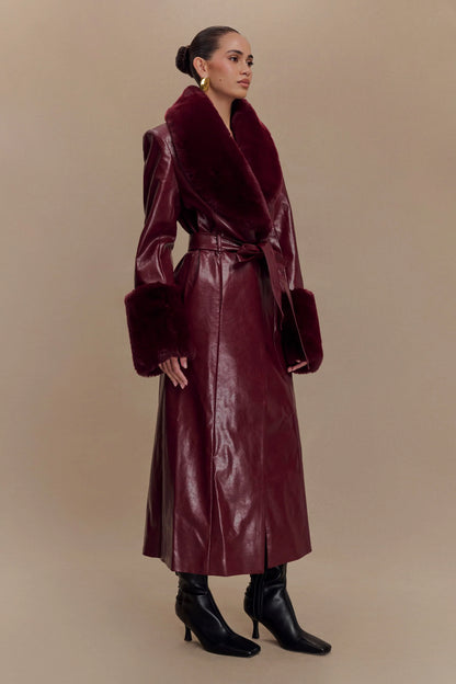 Bec Faux Leather Trench Coat With Faux Fur Cherry Red