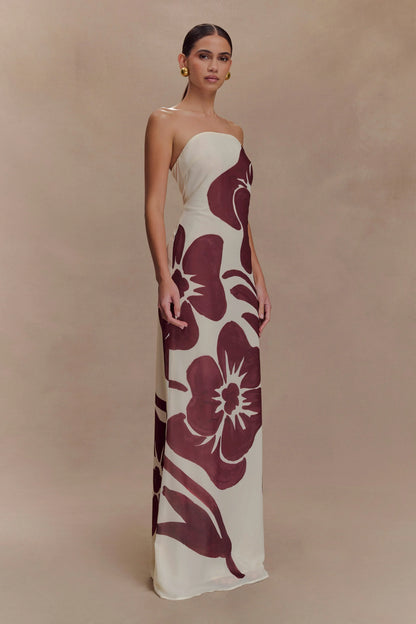 Amaya Strapless Chiffon Maxi Dress Brown Deco Fleur Print