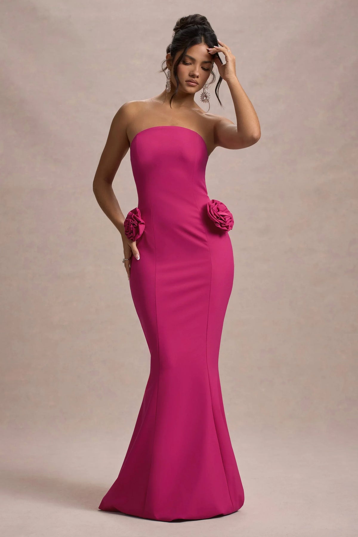 Best Of The Best Dark Pink Strapless Fishtail Maxi Dress With Corsages