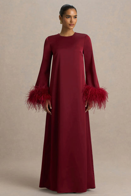 Adella Burgundy Satin Feather Trim Maxi Dress