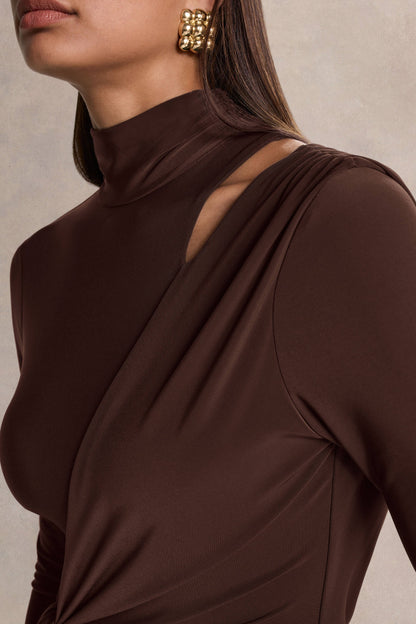 Alastrina Brown High Neck Maxi Dress With Gathered Detailing
