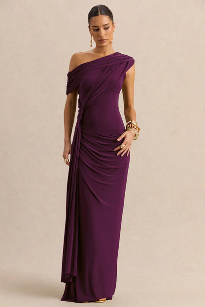 Avialee Dark Plum Asymmetric Neck Maxi Dress With Gathered Detailing And Sash